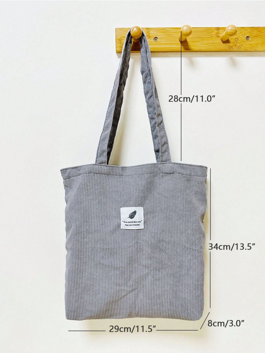 Retro Corduroy Tote Bag Women's Simple Shoulder Bag Letter Patch Decor Handbag