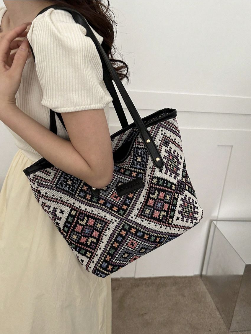 Random Geometric Pattern Shoulder Tote Bag Contrast Binding Polyester Vacation