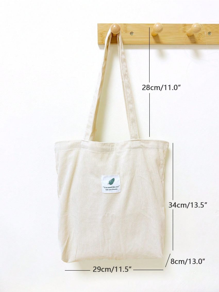 Retro Corduroy Tote Bag Women's Simple Shoulder Bag Letter Patch Decor Handbag