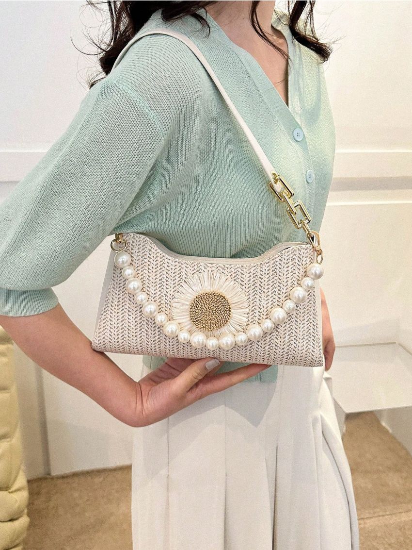 Flower & Faux Pearl Decor Straw Bag Vacation Medium