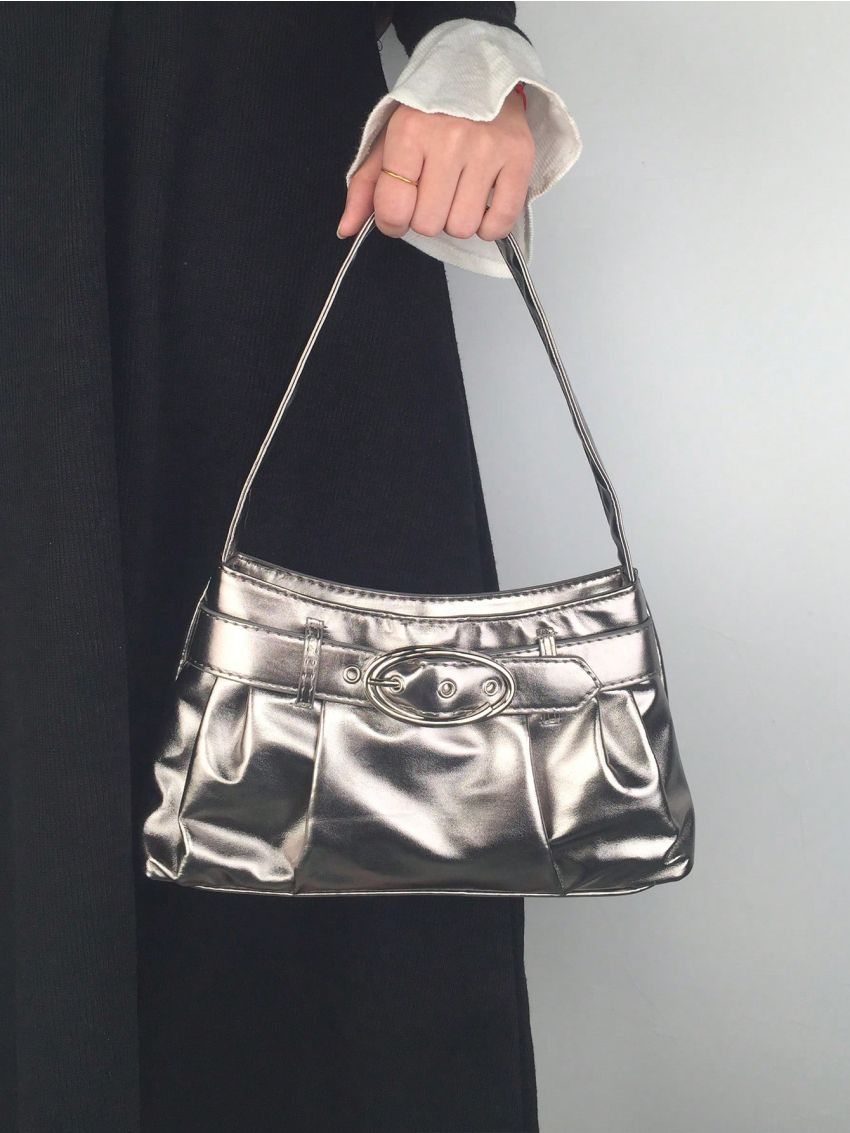 Eyelet & Buckle Decor Ruched Bag Metallic PU Funky