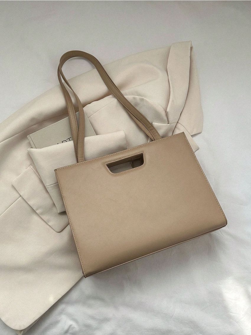 Khaki Shoulder Tote Bag PU Minimalist Zipper