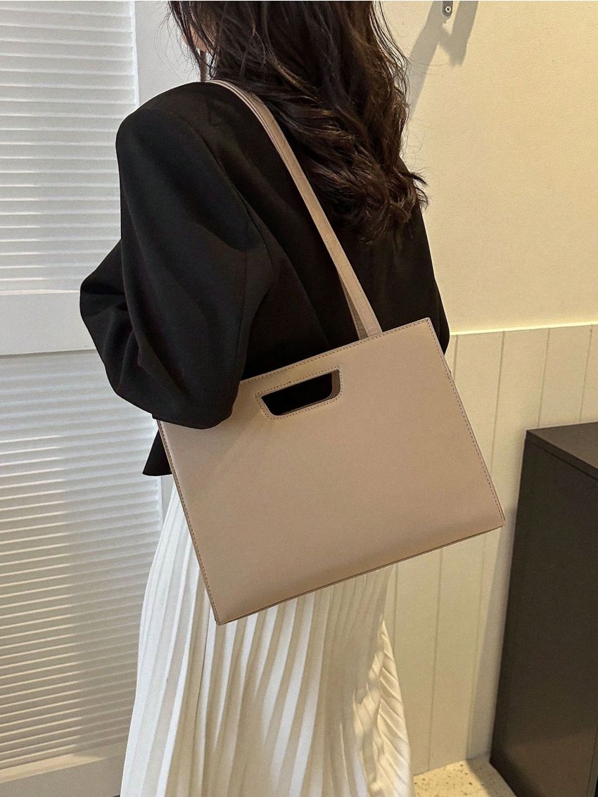 Khaki Shoulder Tote Bag PU Minimalist Zipper