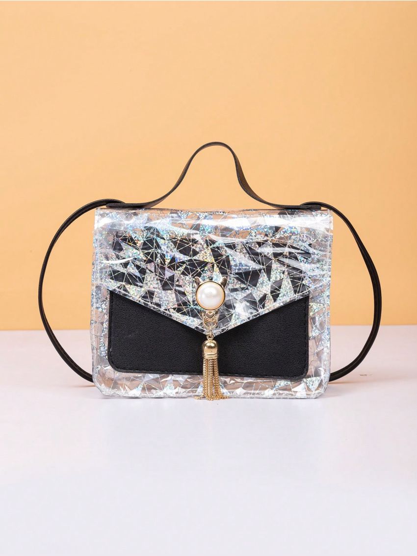 Mini Square Bag Geometric Pattern Tassel Decor