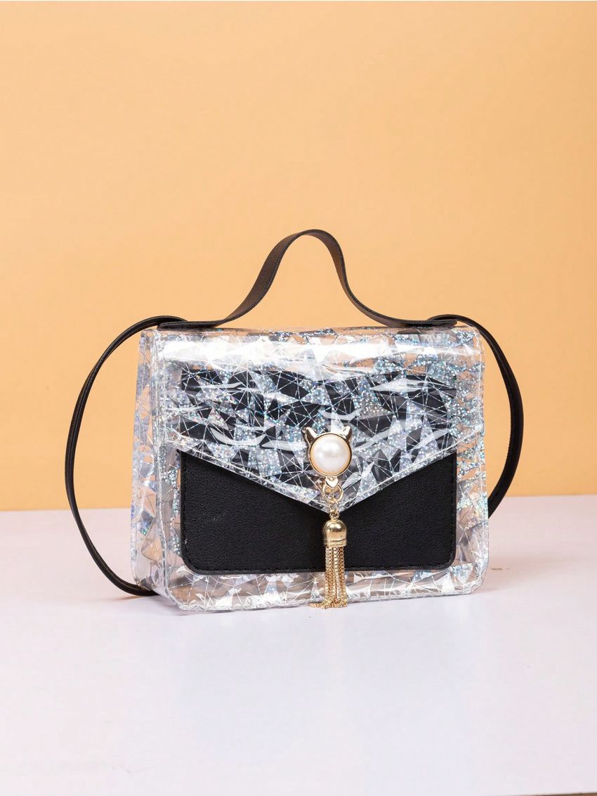 Mini Square Bag Geometric Pattern Tassel Decor