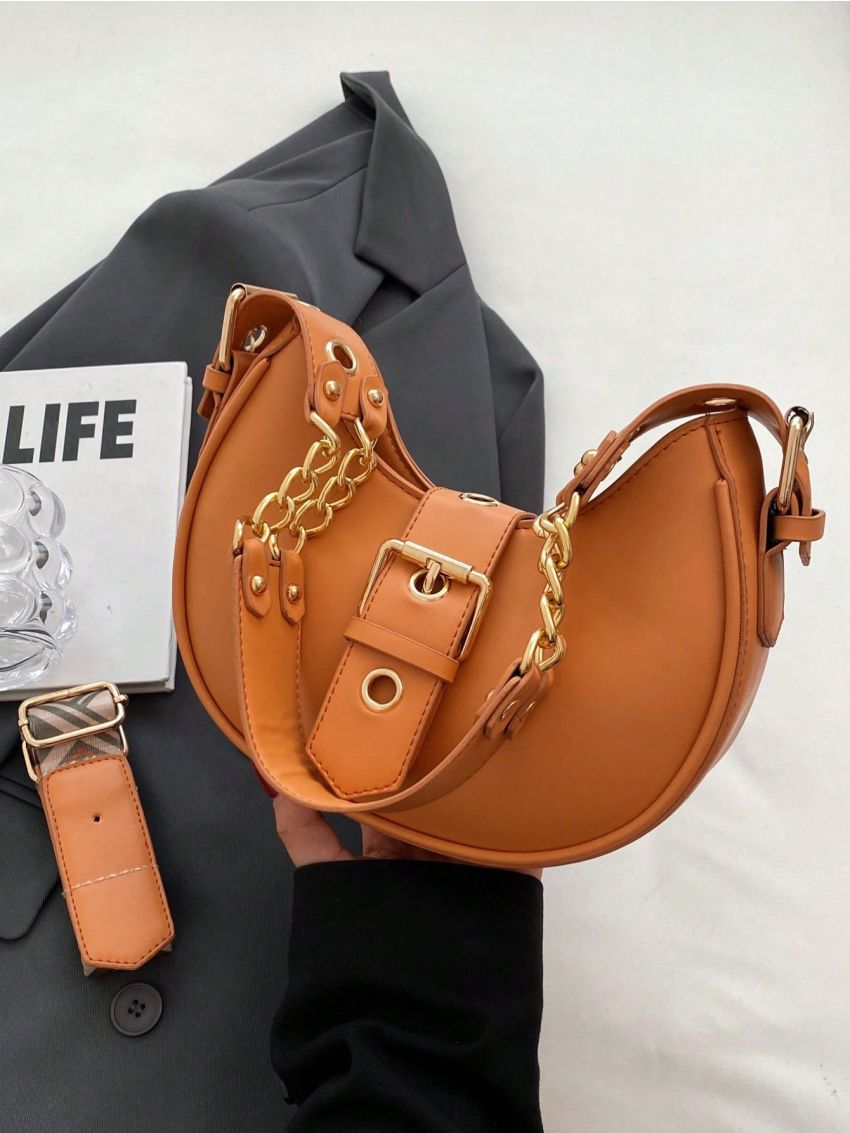 Small Hobo Bag Solid Color Buckle Decor