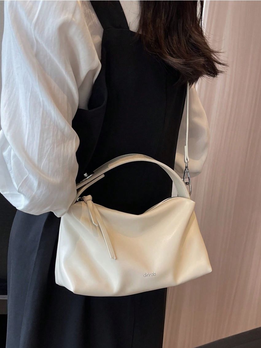 White Hobo Bag Fashionable Letter Graphic Top Handle Zipper PU