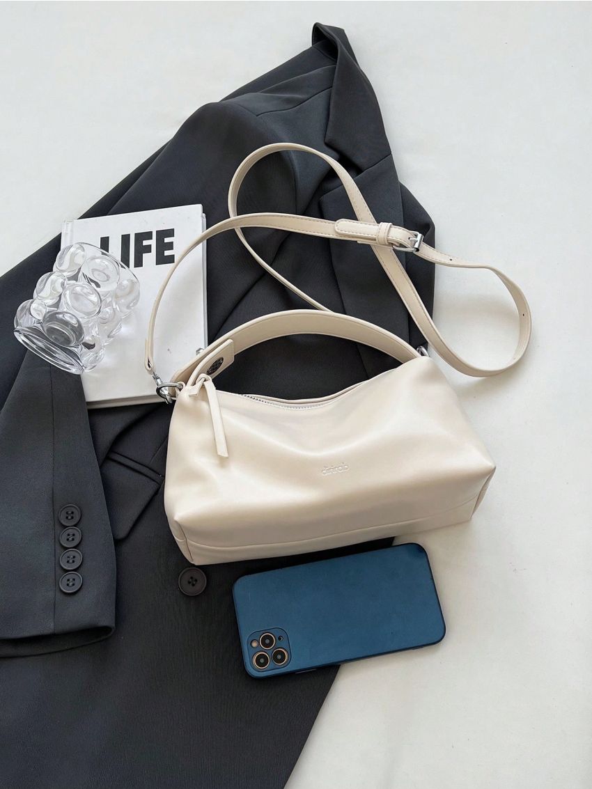 White Hobo Bag Fashionable Letter Graphic Top Handle Zipper PU