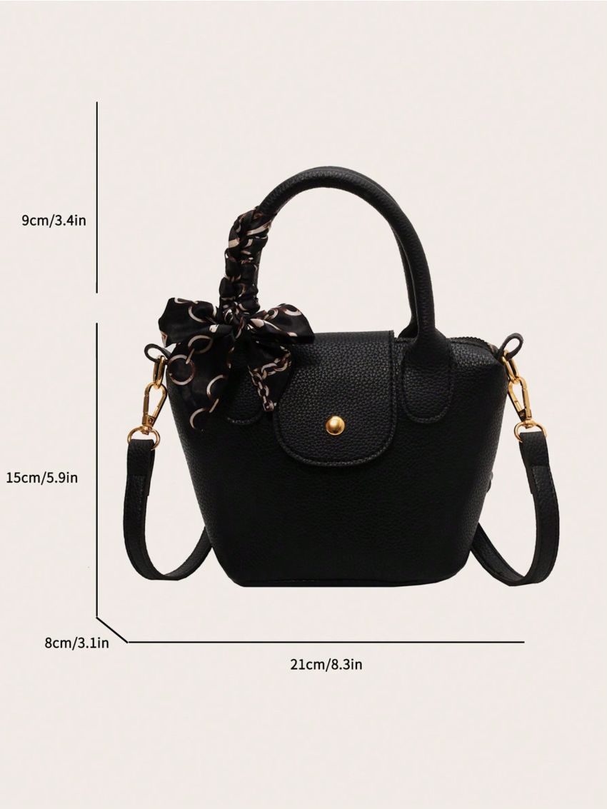 Litchi Embossed Bucket Bag PU Twilly Scarf Decor Fashionable