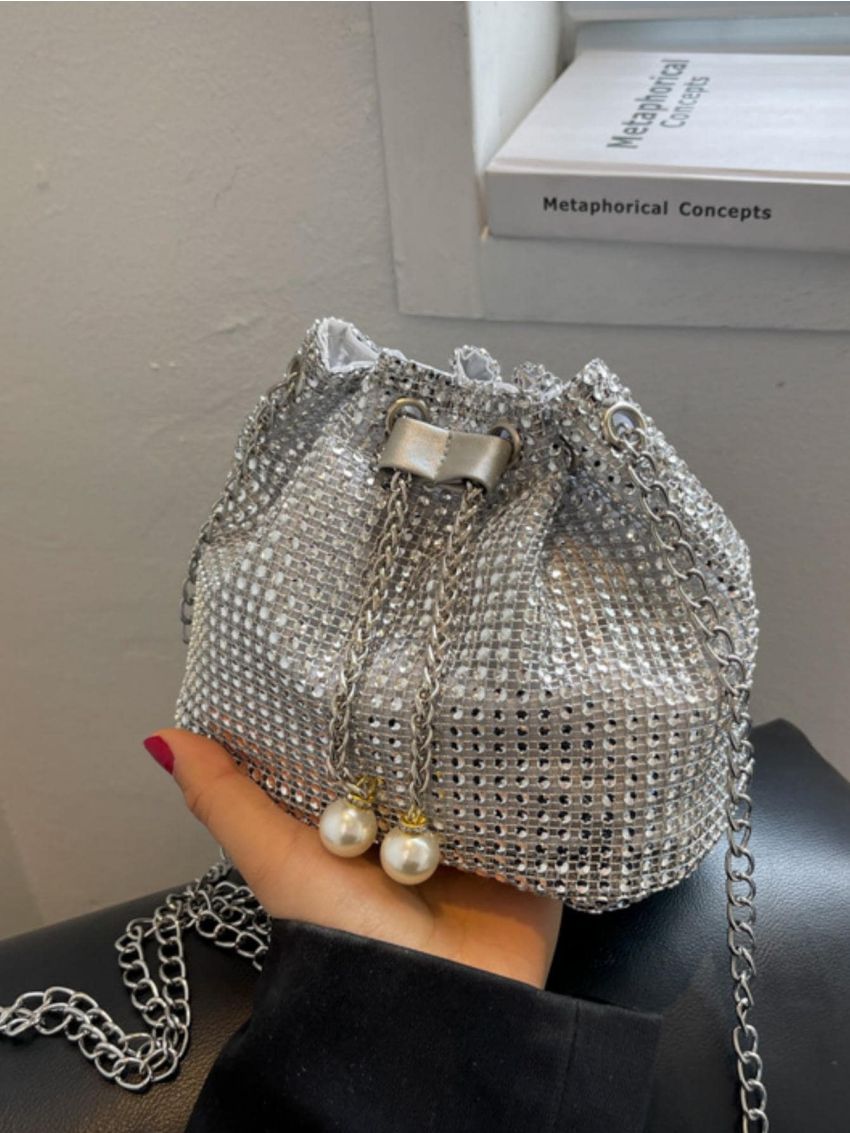 Mini Bucket Bag Rhinestone & Faux Pearl Decor Glamorous, Perfect Bride Purse For Wedding, Prom & Party Events