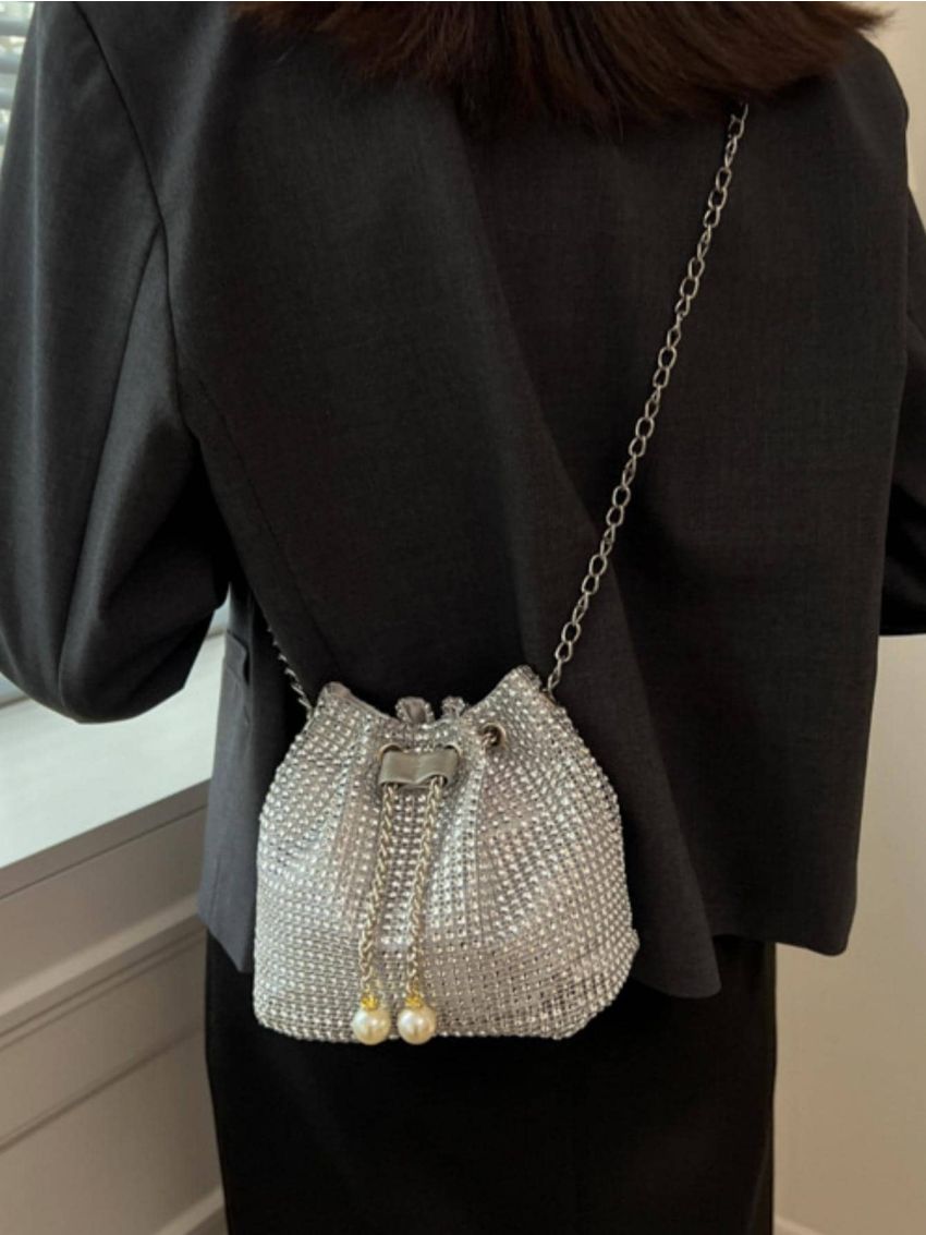 Mini Bucket Bag Rhinestone & Faux Pearl Decor Glamorous, Perfect Bride Purse For Wedding, Prom & Party Events