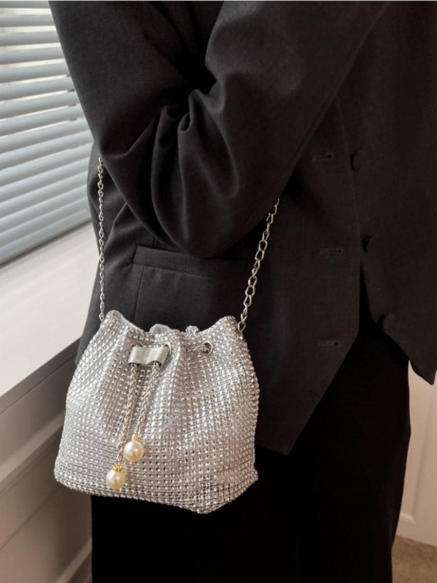 Mini Bucket Bag Rhinestone & Faux Pearl Decor Glamorous, Perfect Bride Purse For Wedding, Prom & Party Events