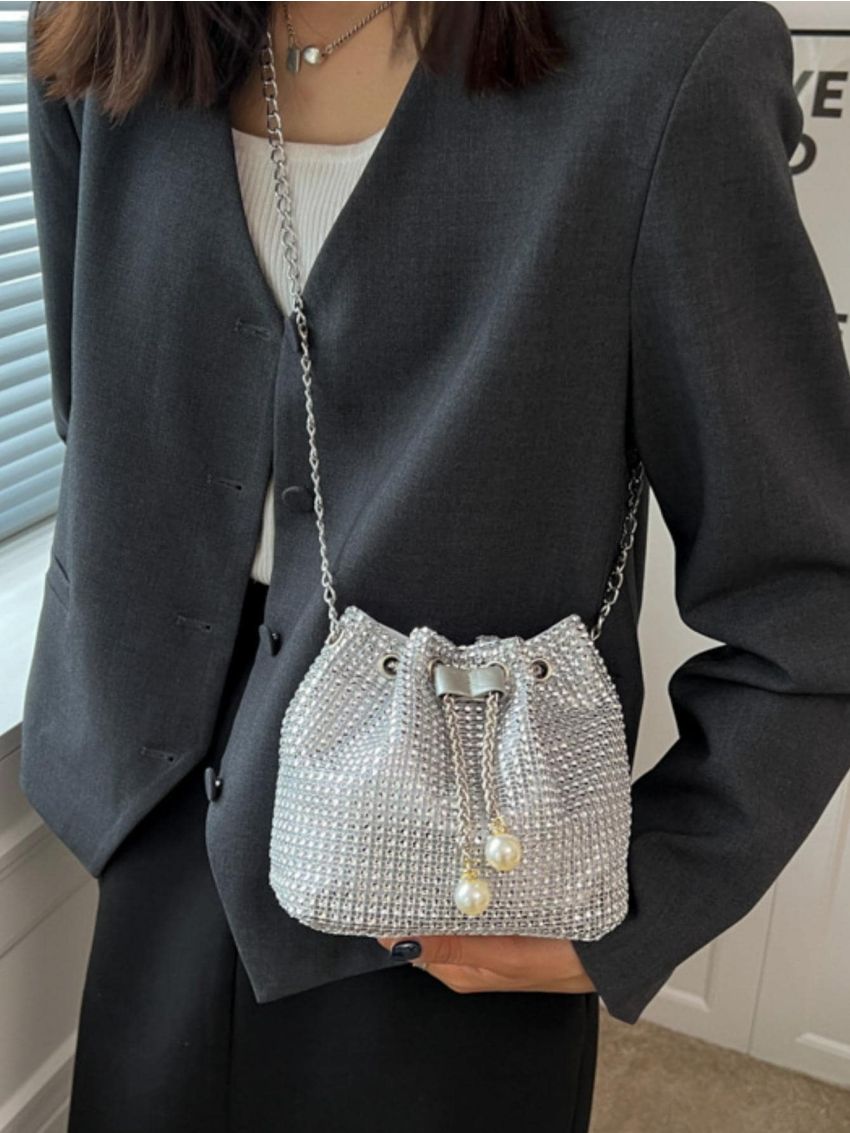 Mini Bucket Bag Rhinestone & Faux Pearl Decor Glamorous, Perfect Bride Purse For Wedding, Prom & Party Events