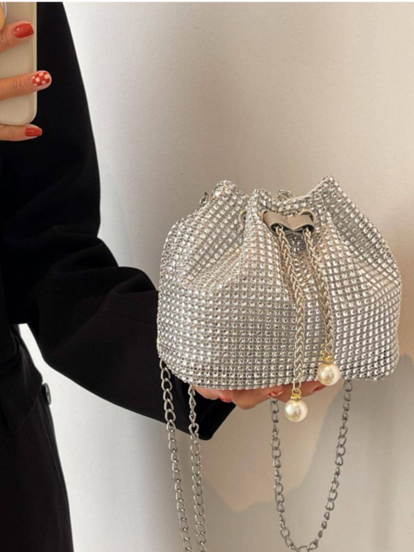 Mini Bucket Bag Rhinestone & Faux Pearl Decor Glamorous, Perfect Bride Purse For Wedding, Prom & Party Events