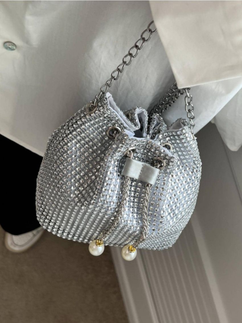 Mini Bucket Bag Rhinestone & Faux Pearl Decor Glamorous, Perfect Bride Purse For Wedding, Prom & Party Events