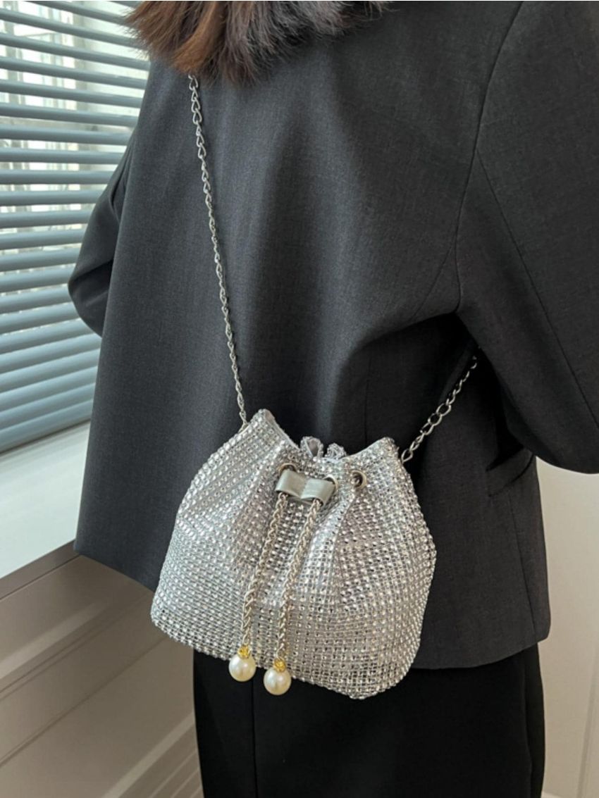Mini Bucket Bag Rhinestone & Faux Pearl Decor Glamorous, Perfect Bride Purse For Wedding, Prom & Party Events