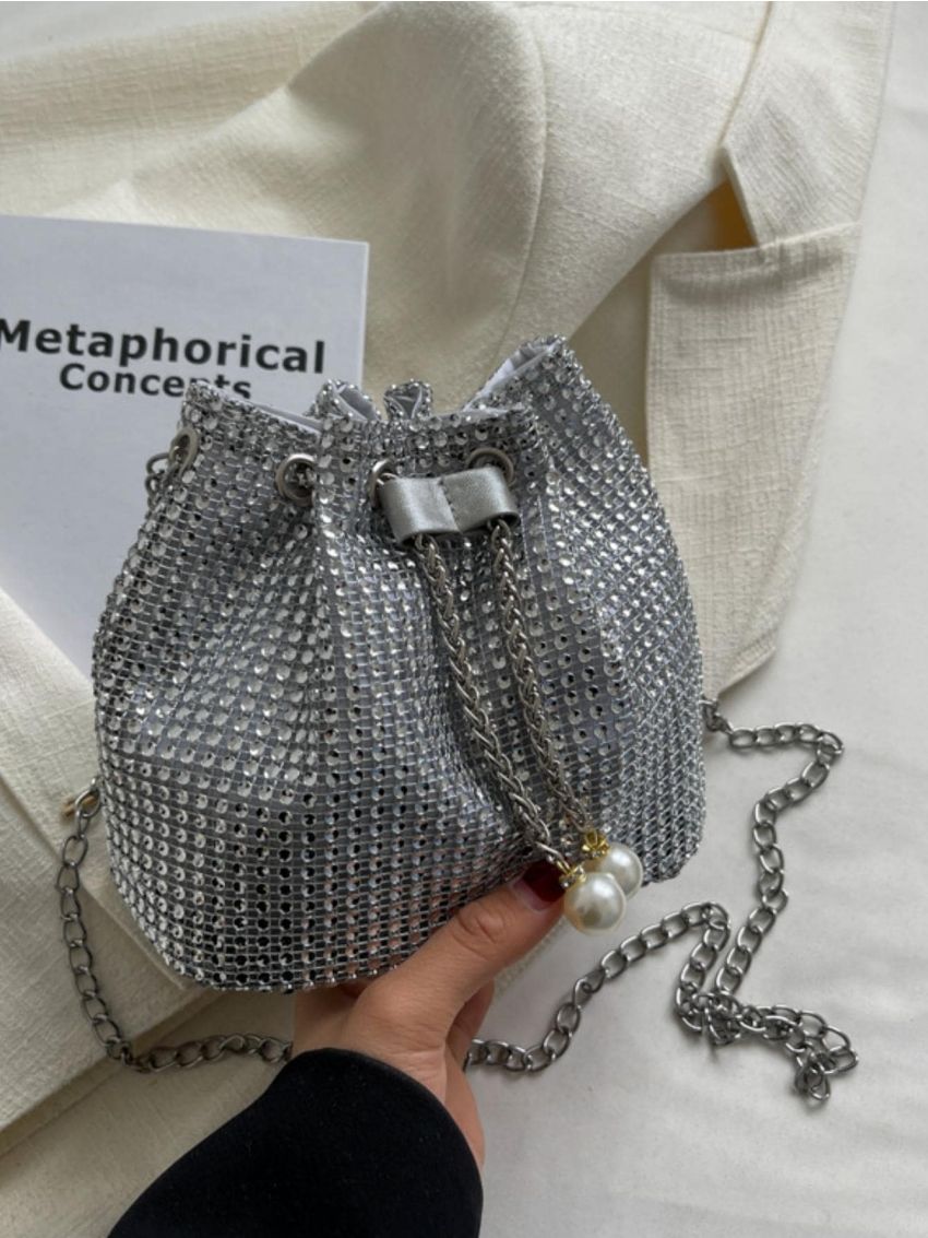 Mini Bucket Bag Rhinestone & Faux Pearl Decor Glamorous, Perfect Bride Purse For Wedding, Prom & Party Events