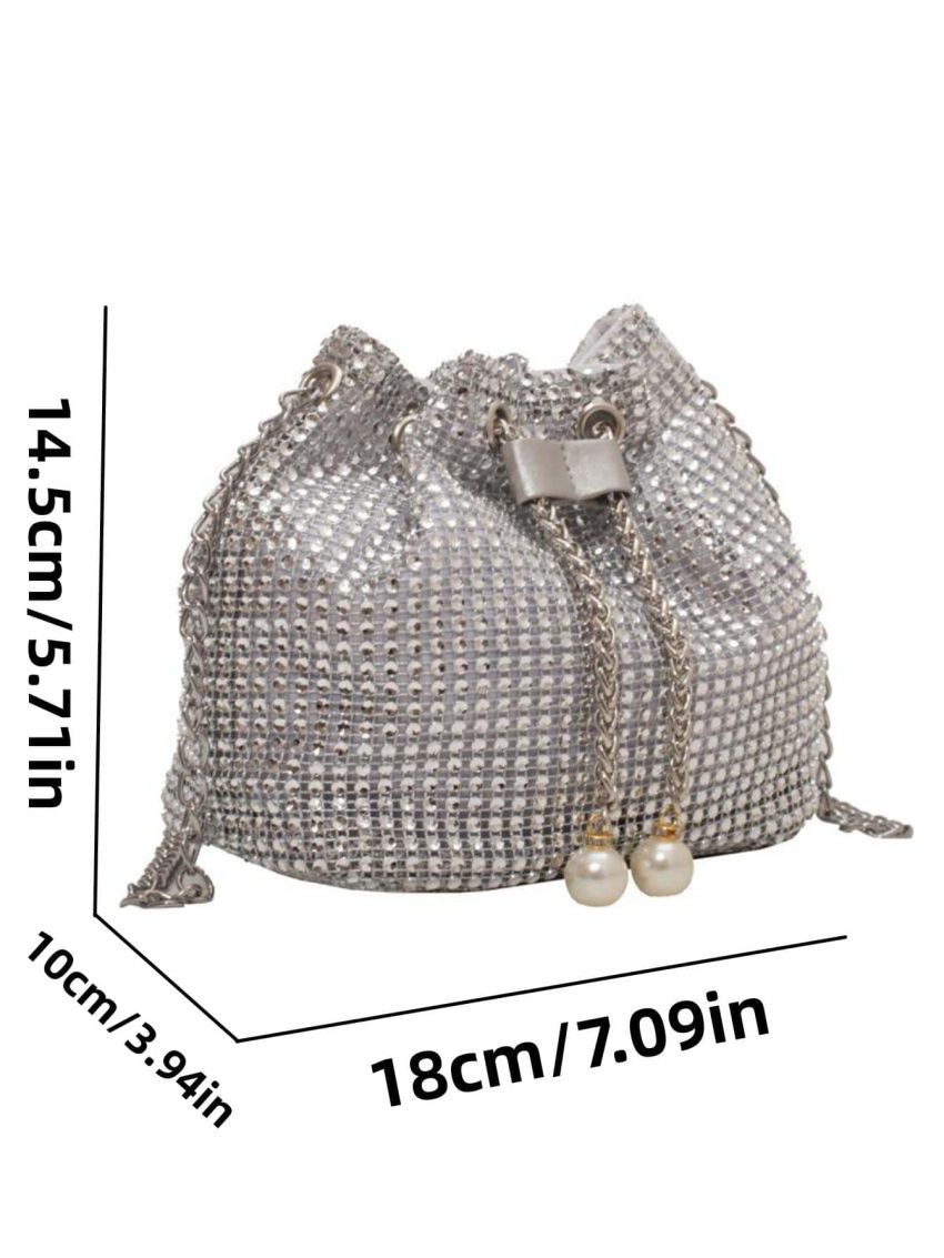 Mini Bucket Bag Rhinestone & Faux Pearl Decor Glamorous, Perfect Bride Purse For Wedding, Prom & Party Events