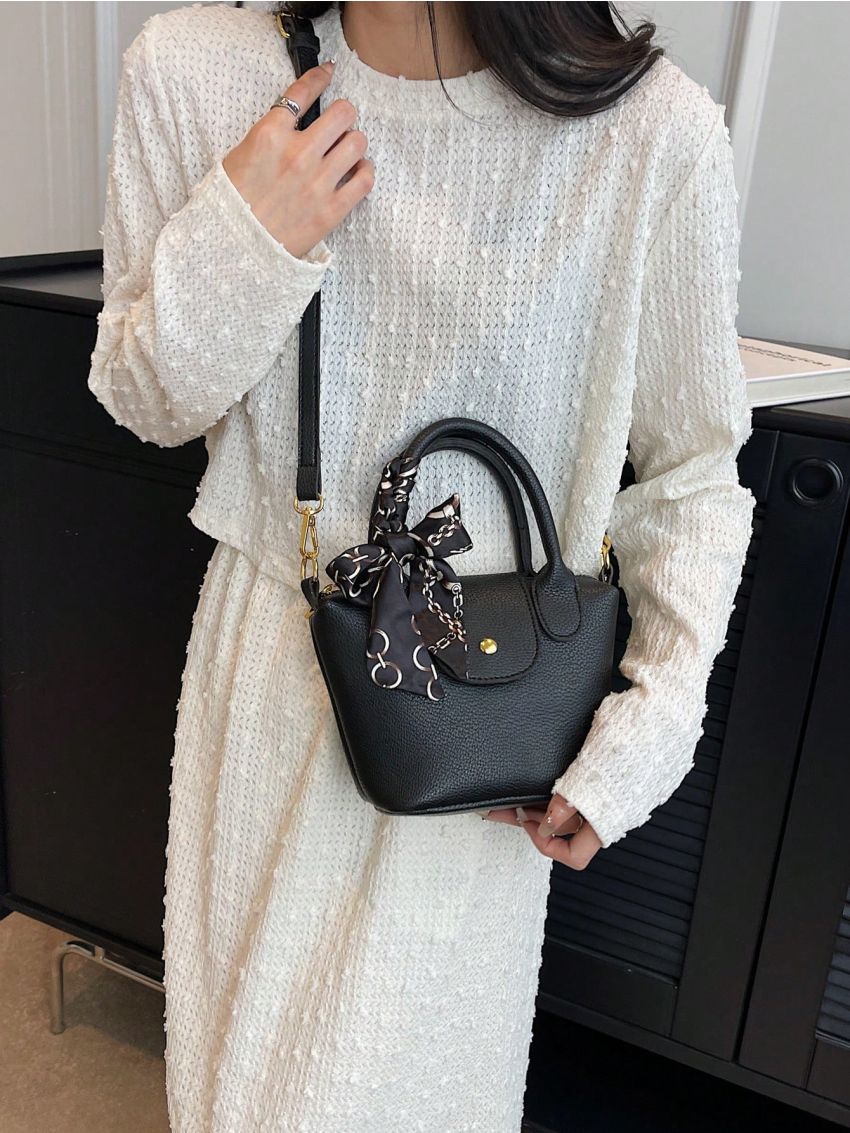 Small Square Bag Litchi Embossed Twilly Scarf Decor