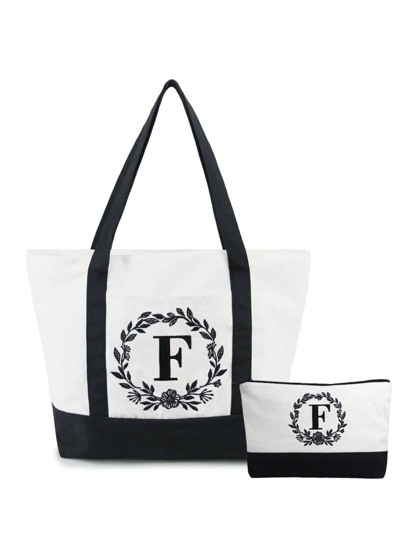 BeeGreen Initial Canvas Tote Bag for Women Monogrammed Christmas Gifts for Women Girls Personalized Gifts for Women Birthday Unique With Zipper Pocket Embroidery Cosmetic Bag F