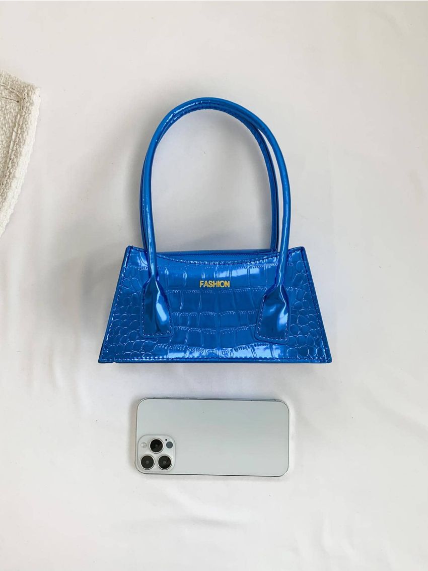 Small Baguette Bag Geometric Embossed Letter Graphic Metallic Funky