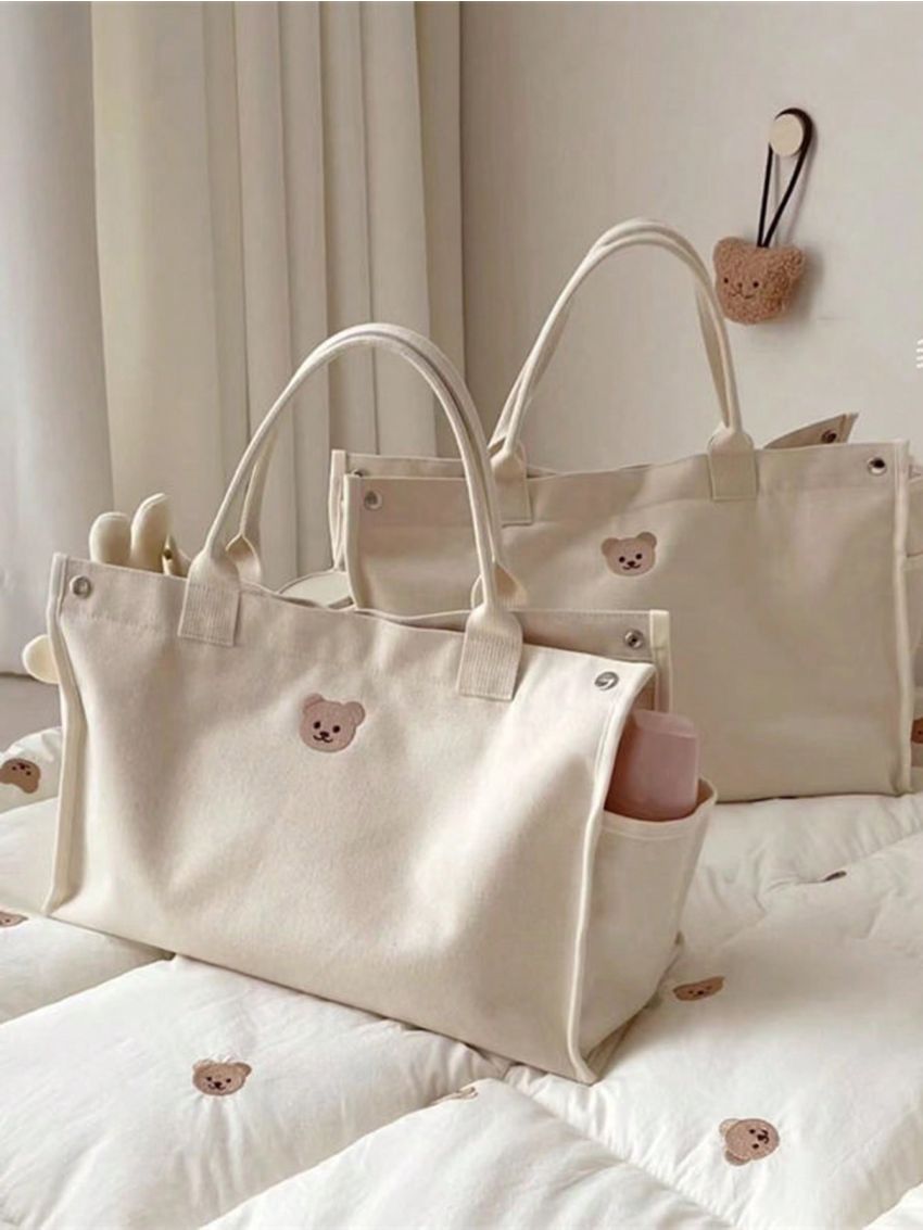 Cartoon Bear Patch Shopper Bag Double Handle