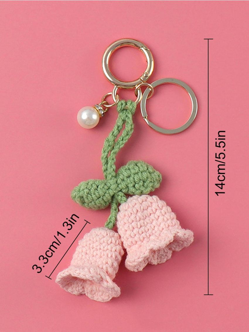 Knitted Crocheted Flower Keychain Pearl Key Ring Backpack Bag Decorative Pendants Jewelry Gift