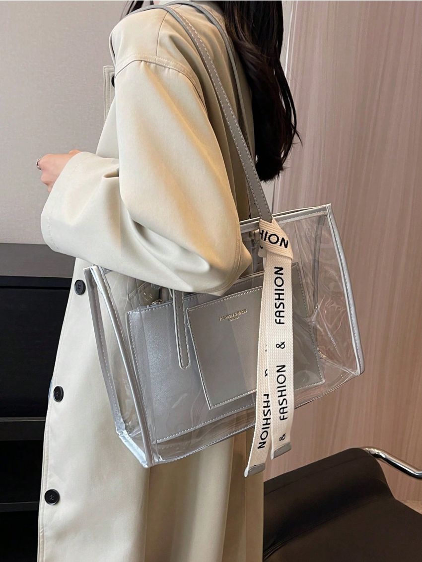 Letter Graphic Tape Decor Shoulder Tote Bag With Inner Pouch