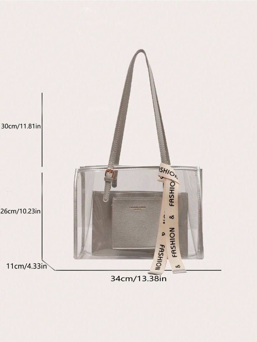 Letter Graphic Tape Decor Shoulder Tote Bag With Inner Pouch