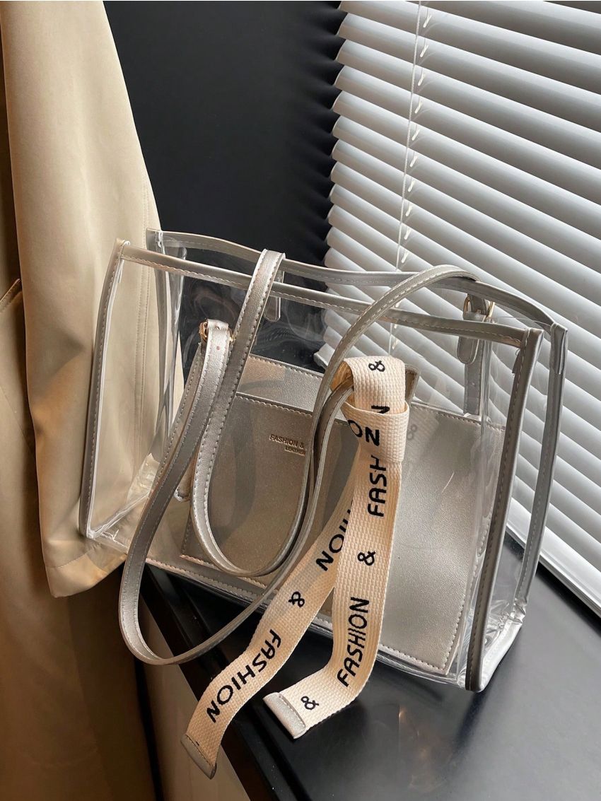 Letter Graphic Tape Decor Shoulder Tote Bag With Inner Pouch