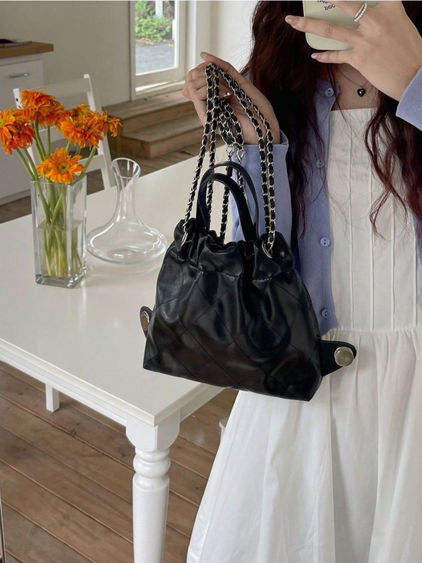 Minimalist Drawstring Design Chain Backpack Fashion Pink