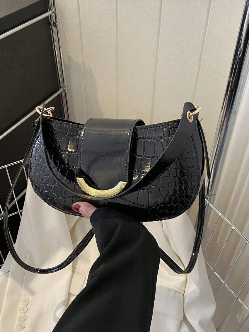 Crocodile Embossed Metal Decor Hobo Bag Fashion Black