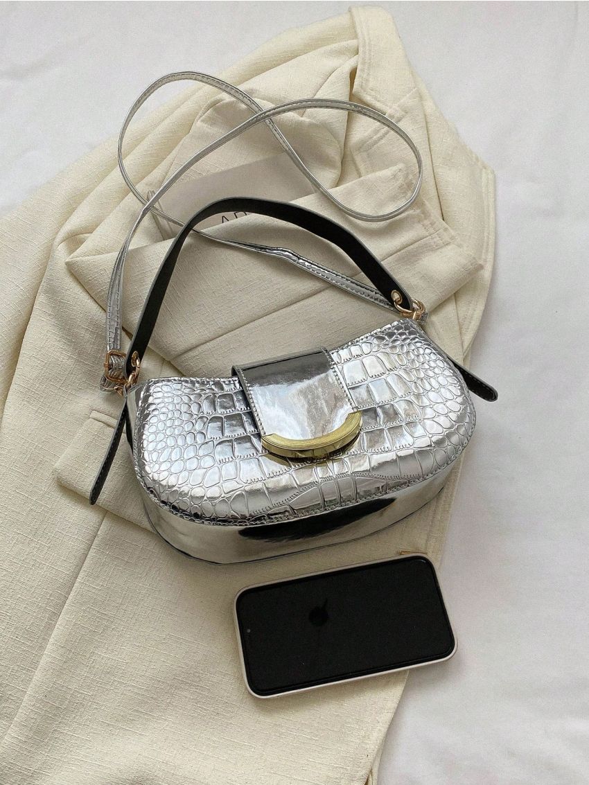 Metallic Crocodile Embossed Hobo Bag Funky Gold