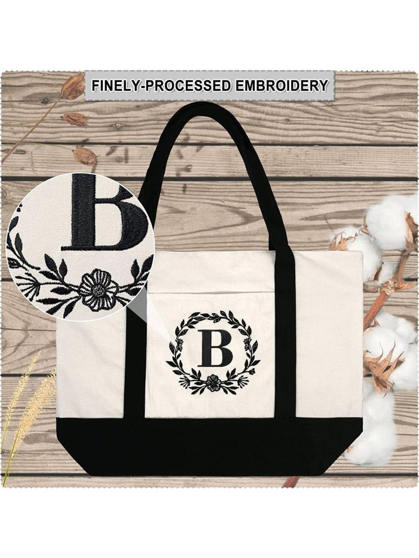 BeeGreen Initial Large Canvas Tote Bags with Zipper Pocket Unique Embroidery Cloth Bags Personalized Birthday Gifts for Women Girls Friends B