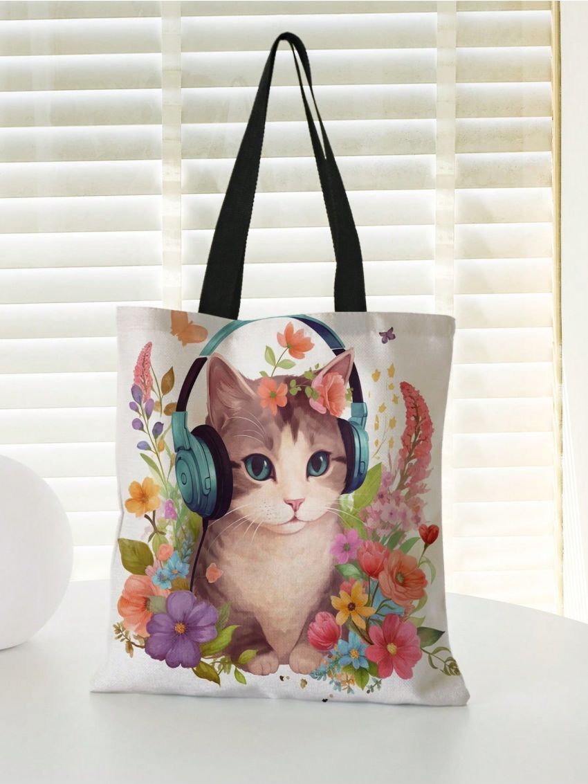 Cartoon Cat Print Shopper Bag Double Handle Canvas