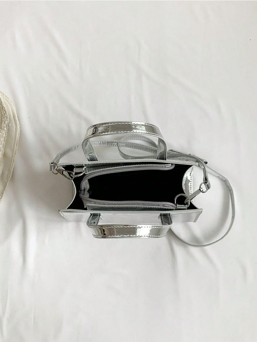 Small Funky Square Bag Metallic Pattern Double Handle