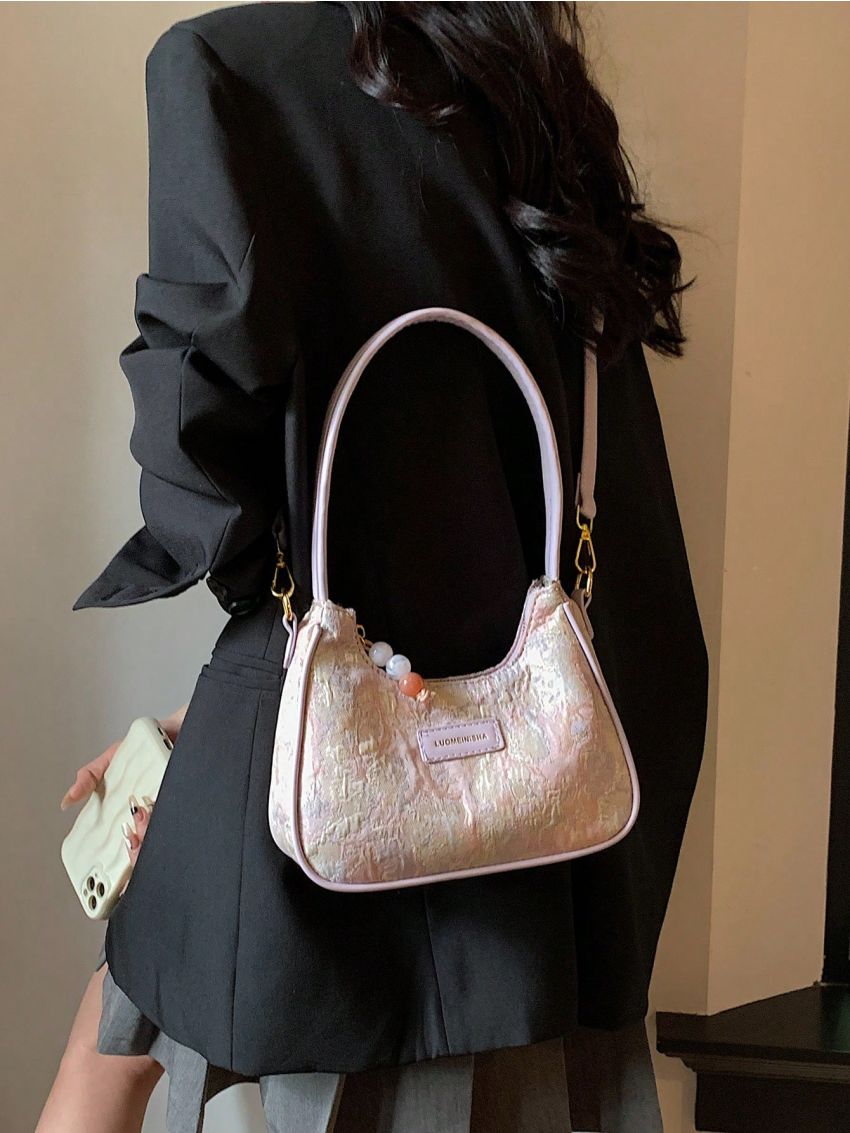 Small Hobo Bag Letter Patch Decor Flower Pattern