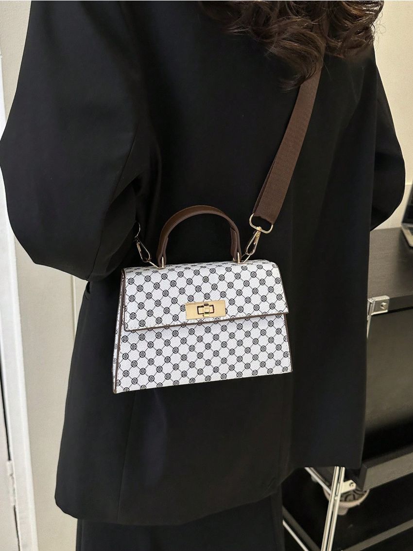 Mini Square Bag Geometric Pattern Twist Lock Top Handle