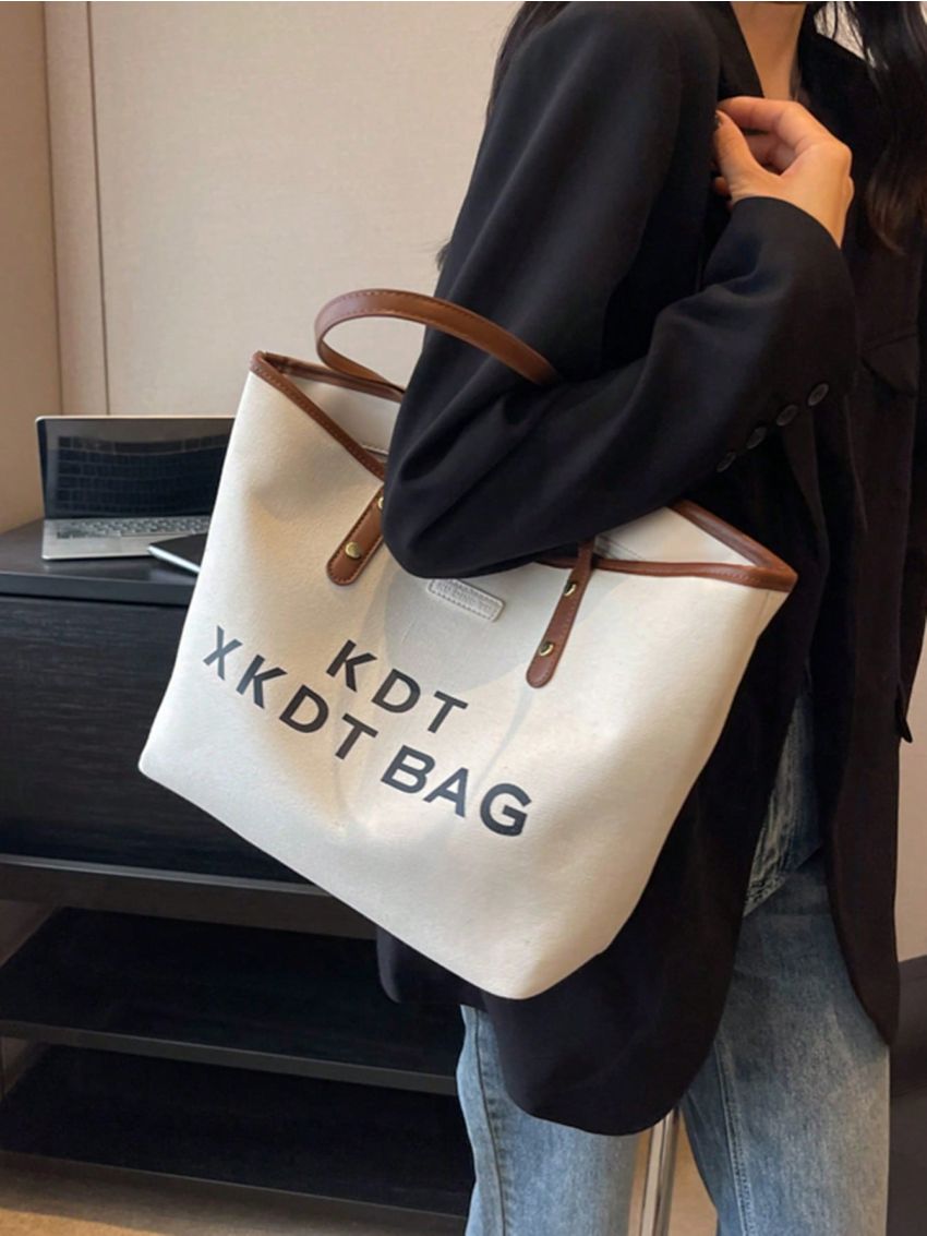 Medium Tote Bag Letter Print Double Handle
