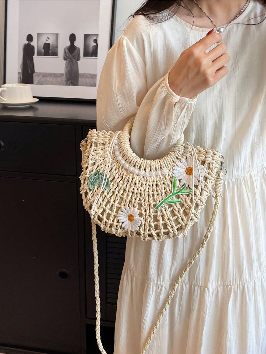 Flower Decor Straw Bag Medium Double Handle Drawstring Design Vacation