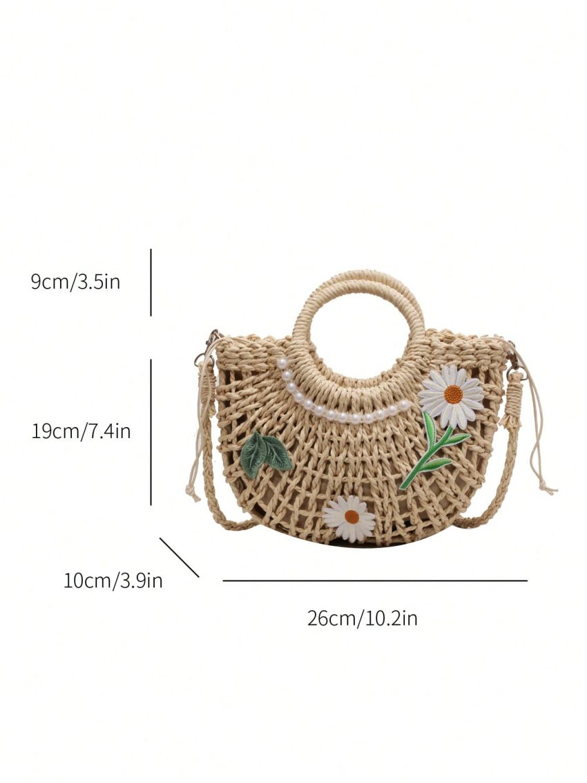 Flower Decor Straw Bag Medium Double Handle Drawstring Design Vacation