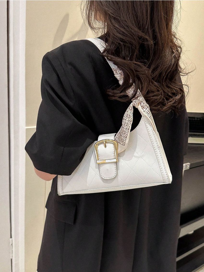 Twilly Scarf & Buckle Decor Baguette Bag Double Handle
