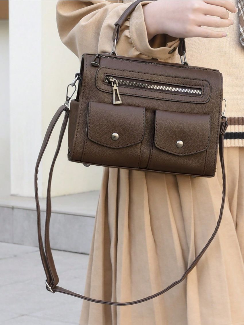 Minimalist Square Bag Small Zipper Vintage Brown