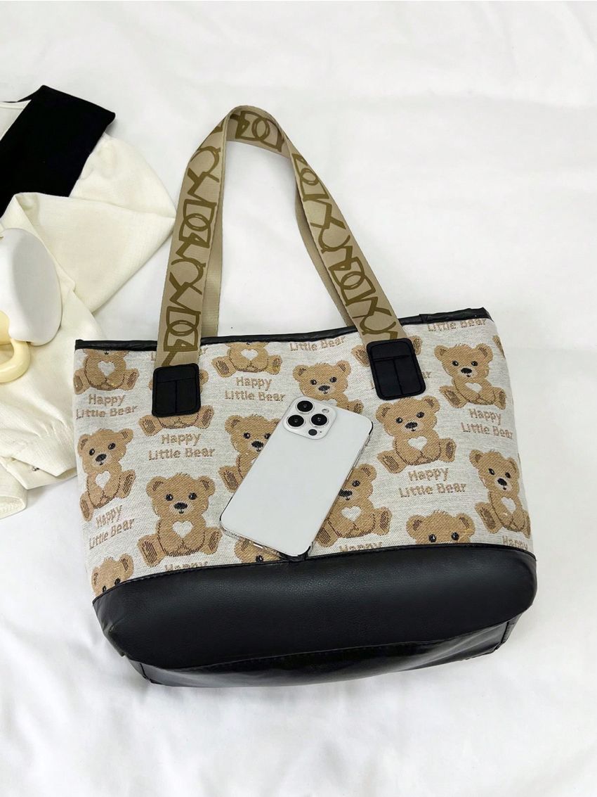 Cartoon Bear & Letter Graphic Shoulder Tote Bag Cute