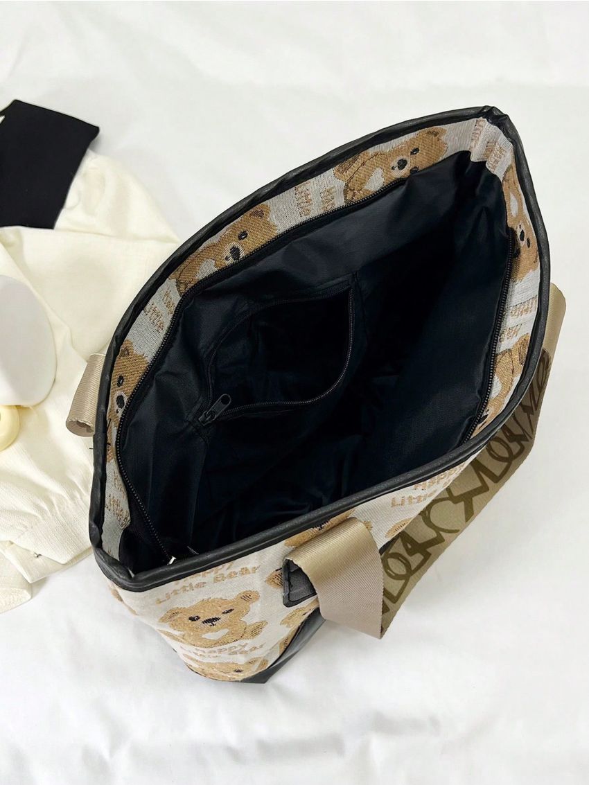 Cartoon Bear & Letter Graphic Shoulder Tote Bag Cute