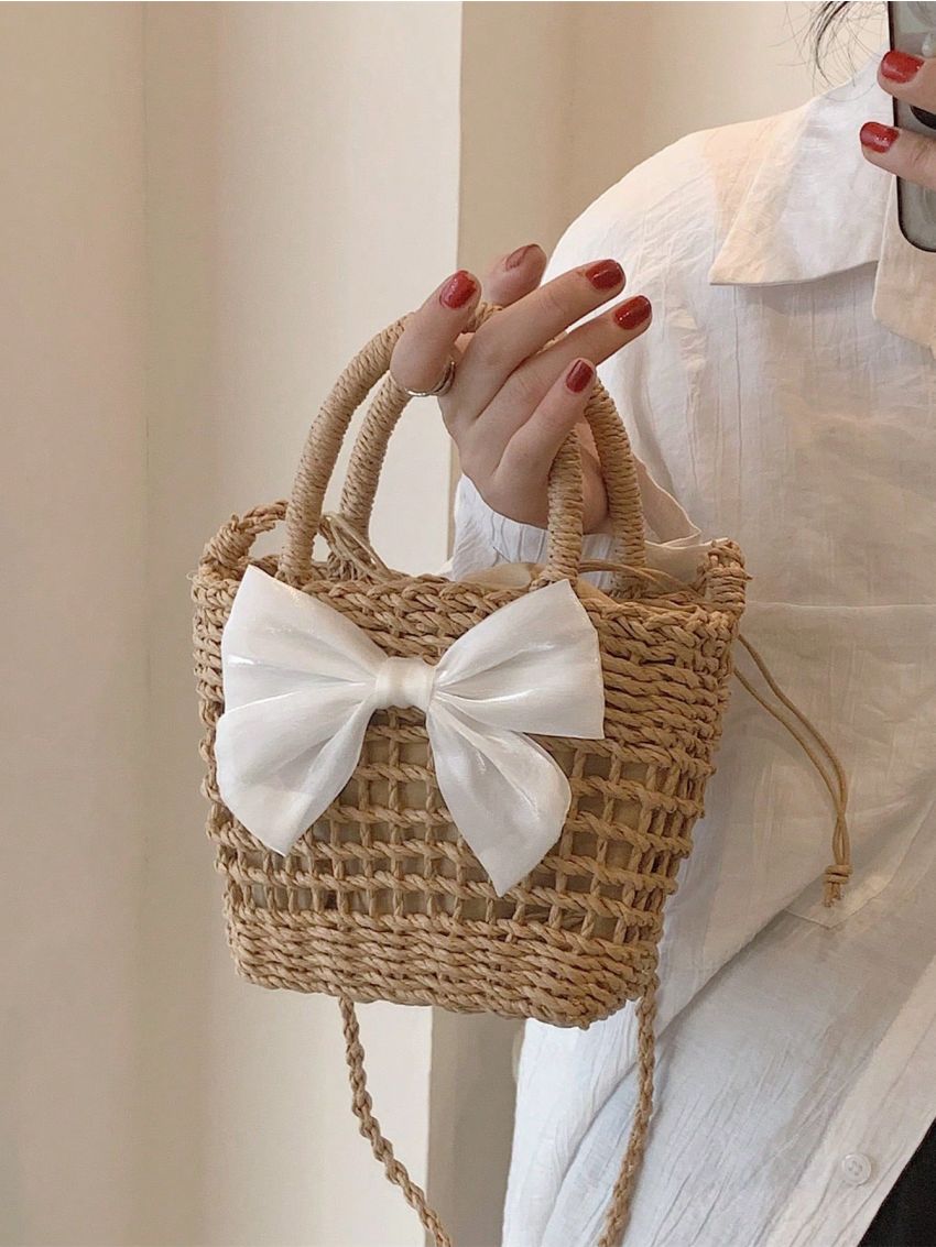 Mini Bow Decor Straw Bag Double Handle Vacation