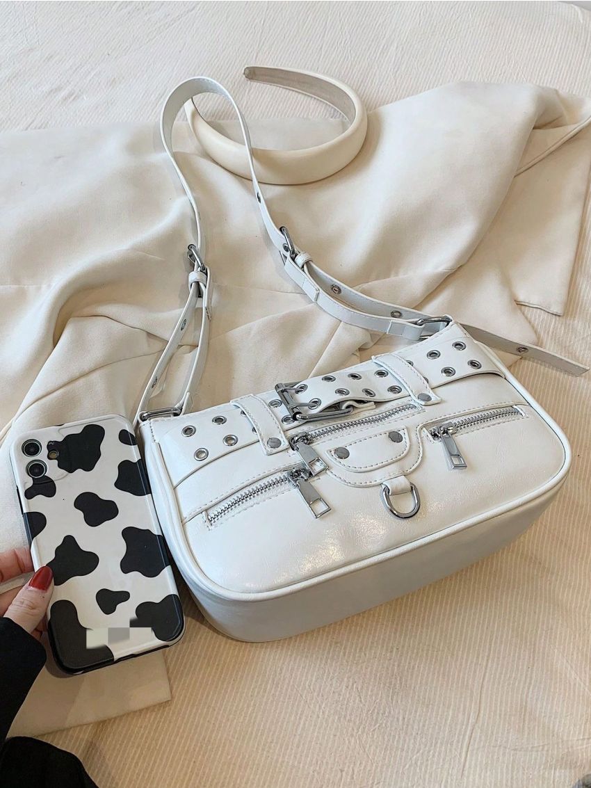 Studded & Buckle Decor Square Bag Zipper Adjustable Strap