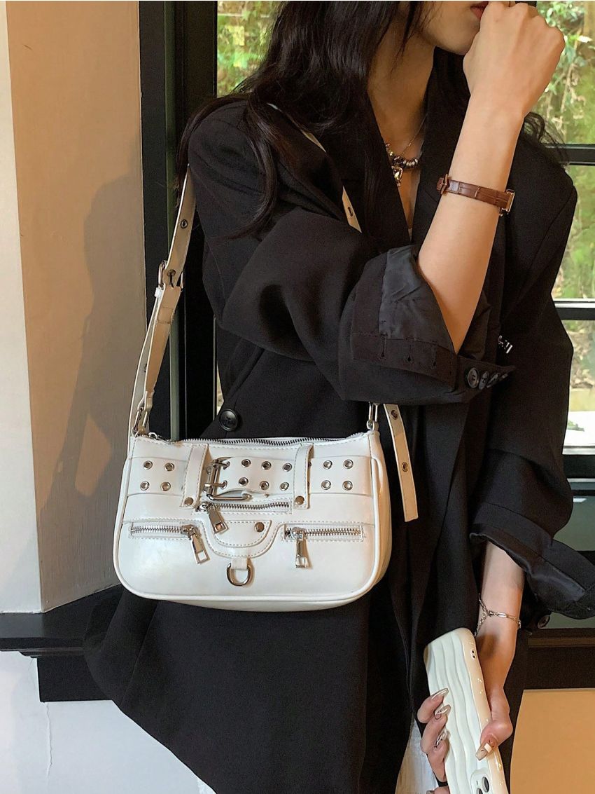 Studded & Buckle Decor Square Bag Zipper Adjustable Strap