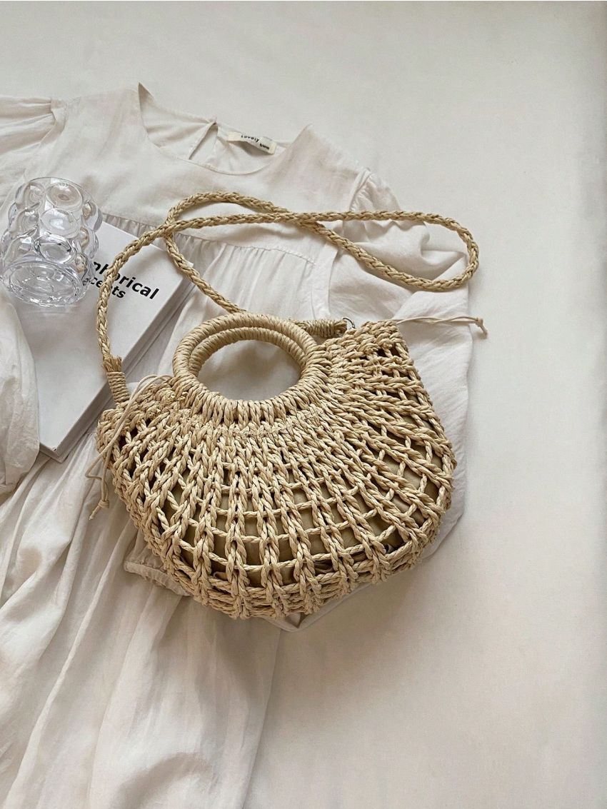 Hollow Out Straw Bag Flower & Faux Pearl Decor Ring Strap For Vacation