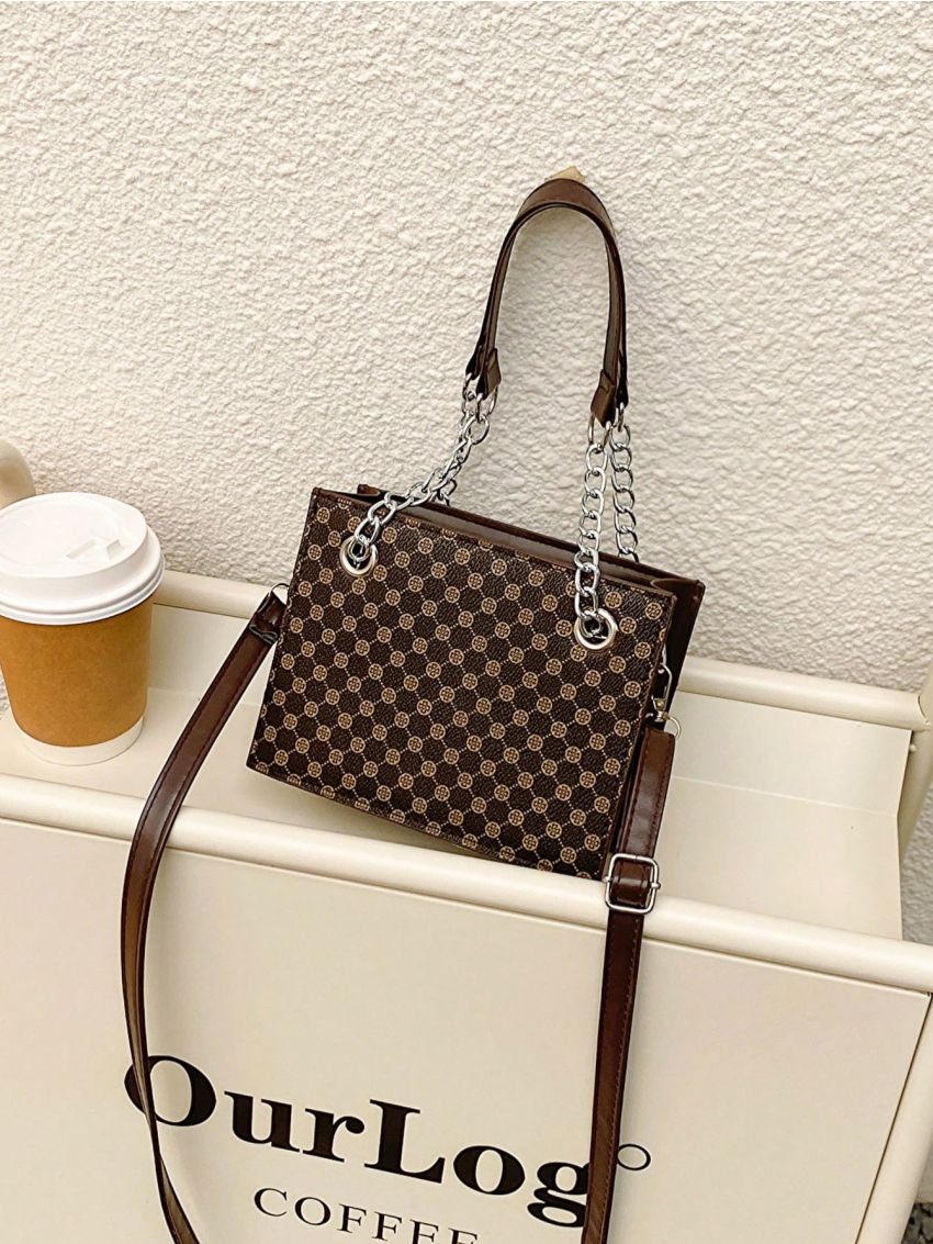 Mini All Over Print Square Bag Brown Elegant Chain Strap For Work